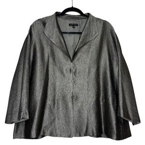 Eileen Fisher Silk Metallic Blazer Silver Green Lined Size XL Shirt Lagenlook